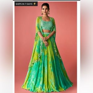 NEW Designer indowestern lehenga choli w/ cape jacket green & blue Indian dress